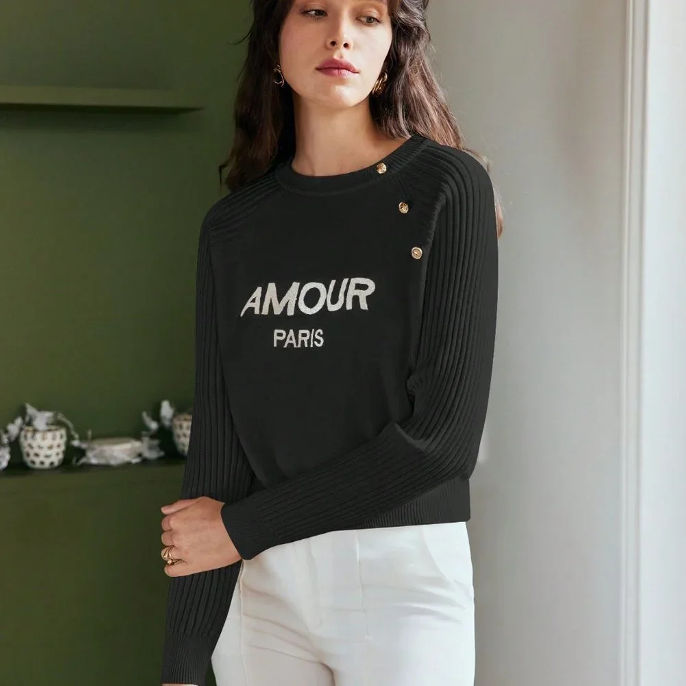 Black Preppy Womens Letter Graphic Button Detail Raglan Sleeve Sweater